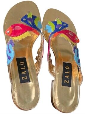 Zalo Gold Leather Sandals with Bright Multicolor Fish Accents